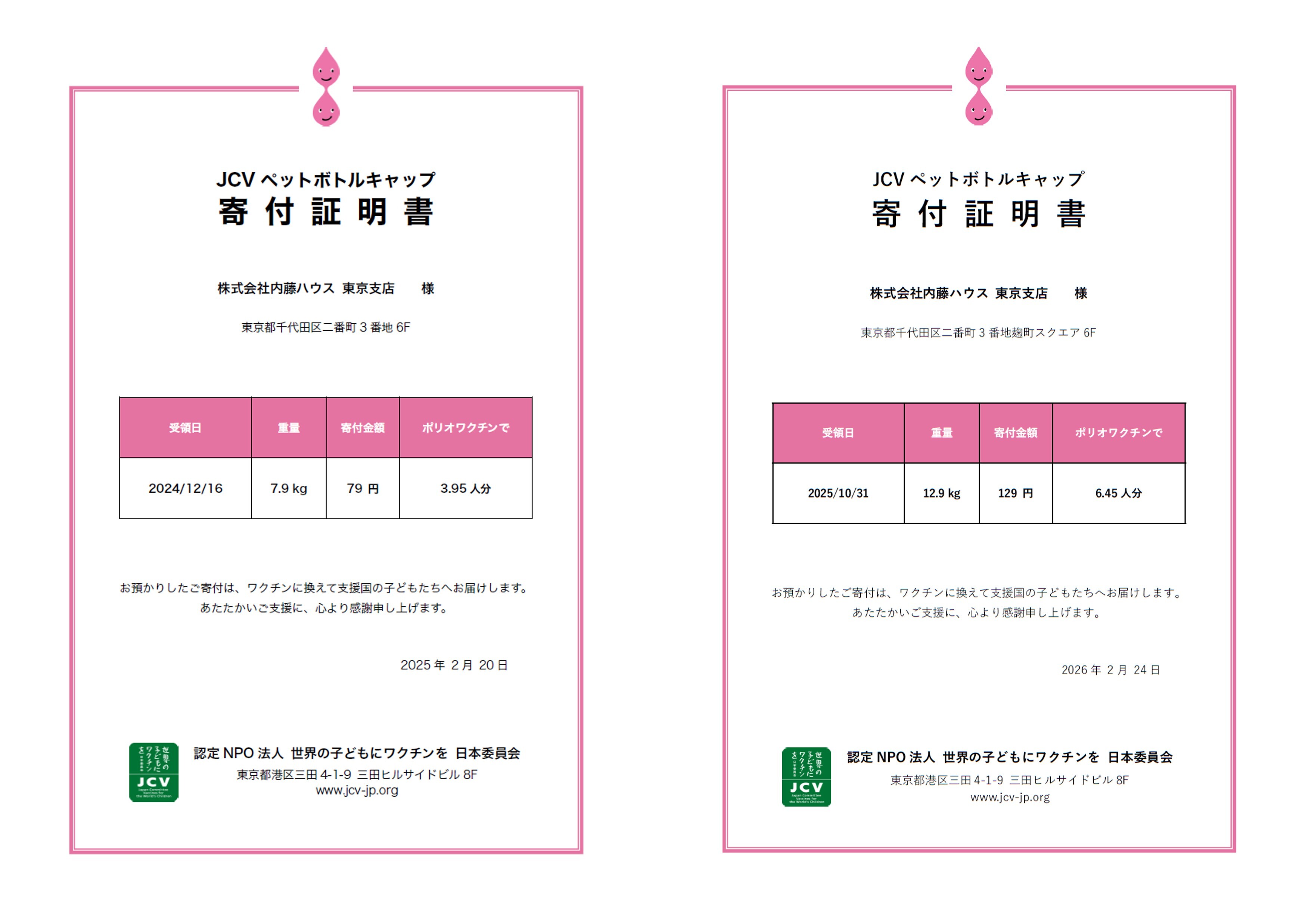 東京支店ペットボトルキャップ寄付証明書(2024,2025)